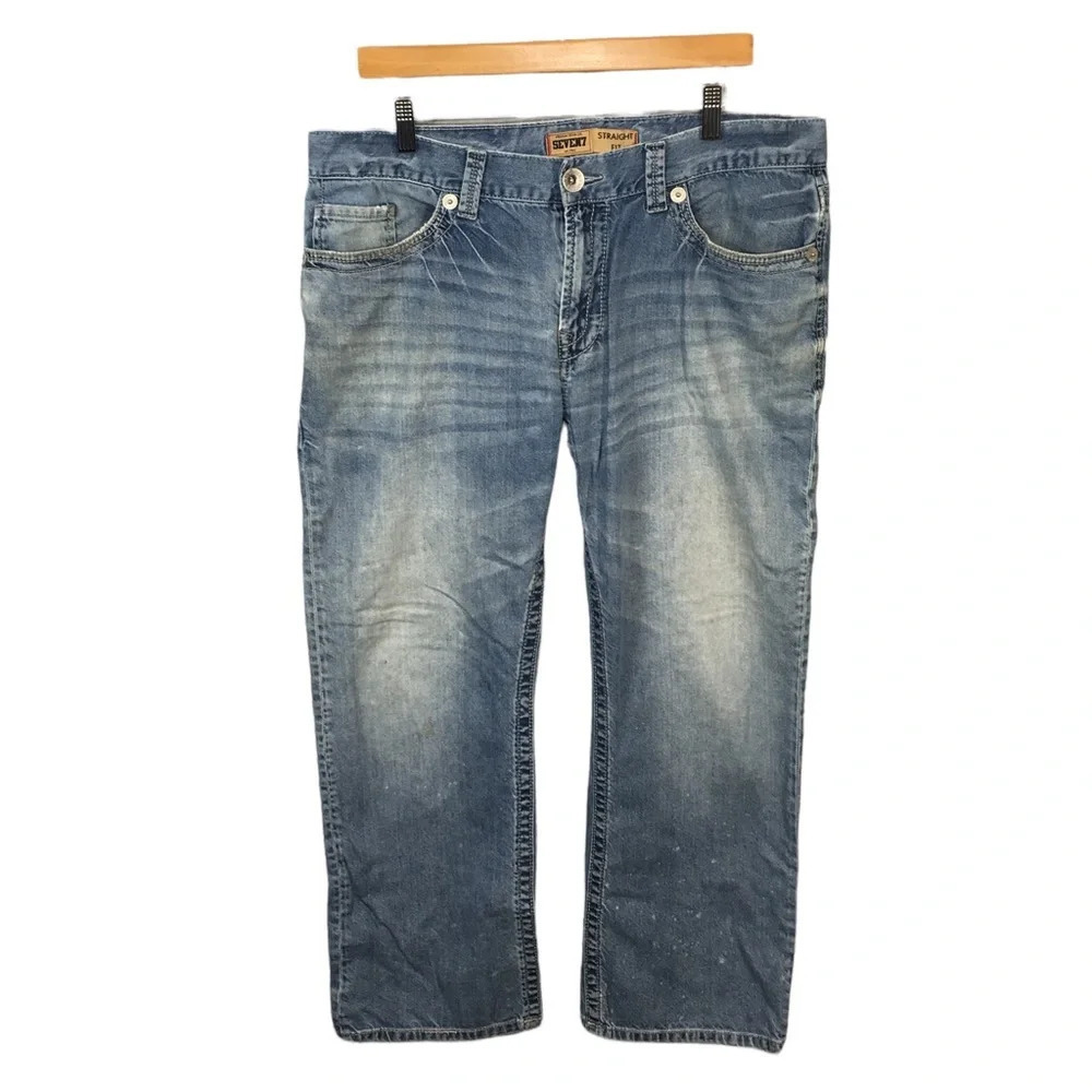 MJ292 Mens SEVEN7 Designer Straight Fit Light Wash Denim Jeans 36x30